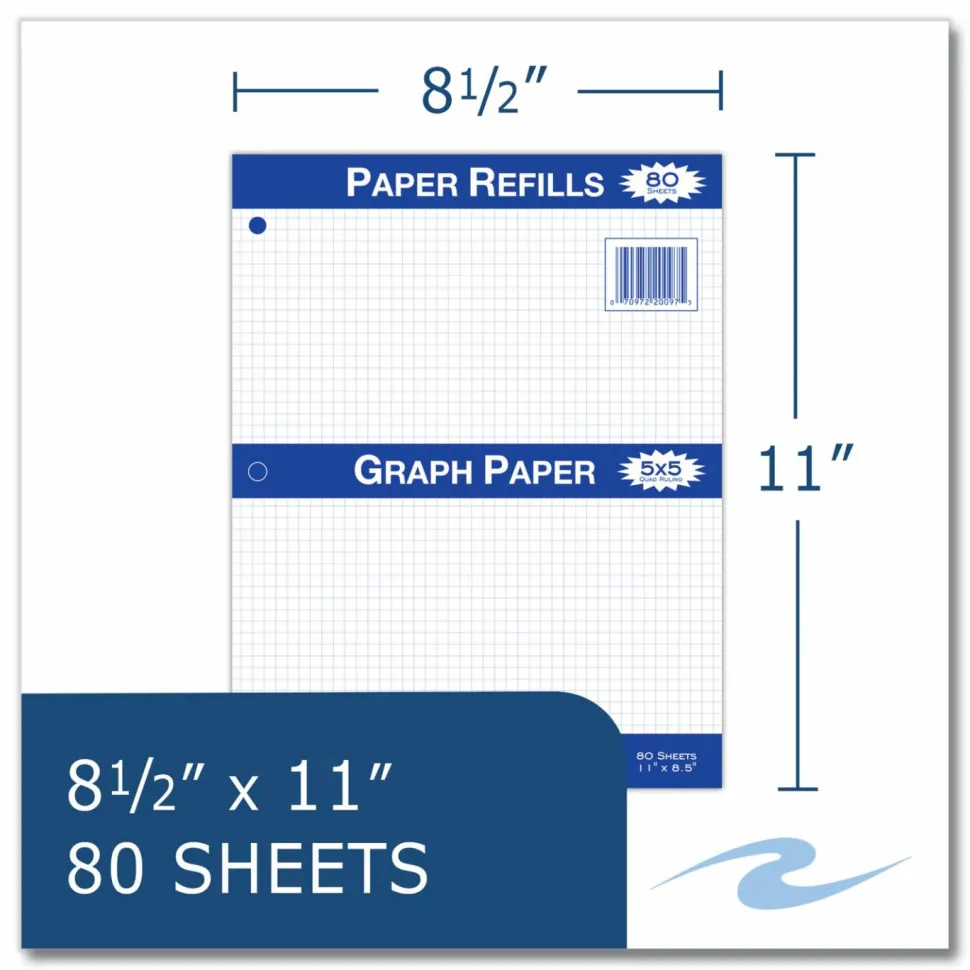 Roaring Spring Graph Filler Paper, 3-Hole, 8.5 x 11, Quadrille: 5 sq/in, 80 Sheets/Pack, 24 Packs/Carton
