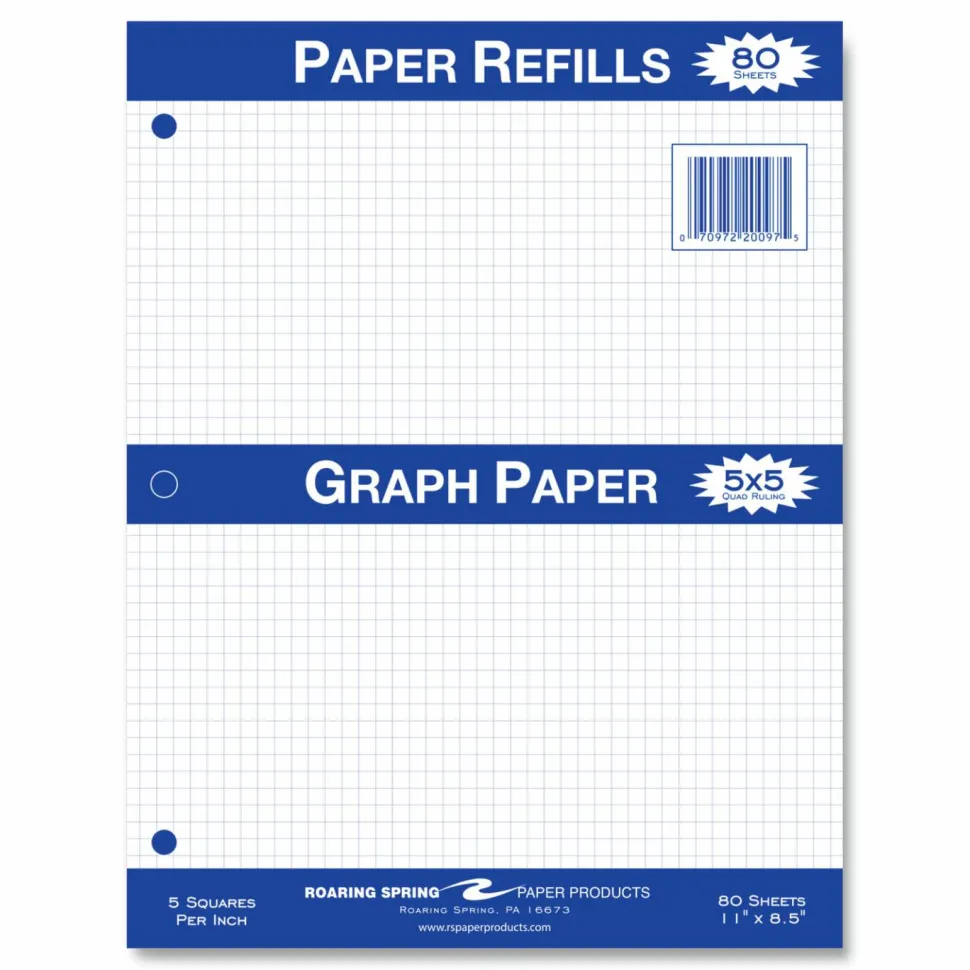 Roaring Spring Graph Filler Paper, 3-Hole, 8.5 x 11, Quadrille: 5 sq/in, 80 Sheets/Pack, 24 Packs/Carton