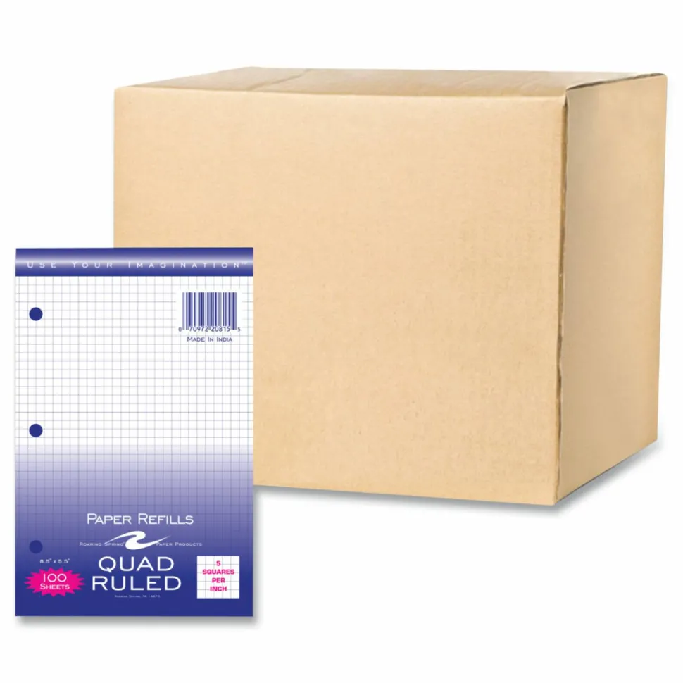 Roaring Spring Graph Filler Paper, 3-Hole, Quadrille: 5 sq in, (100) 8.5 x 5.5 Sheets, 48/Carton
