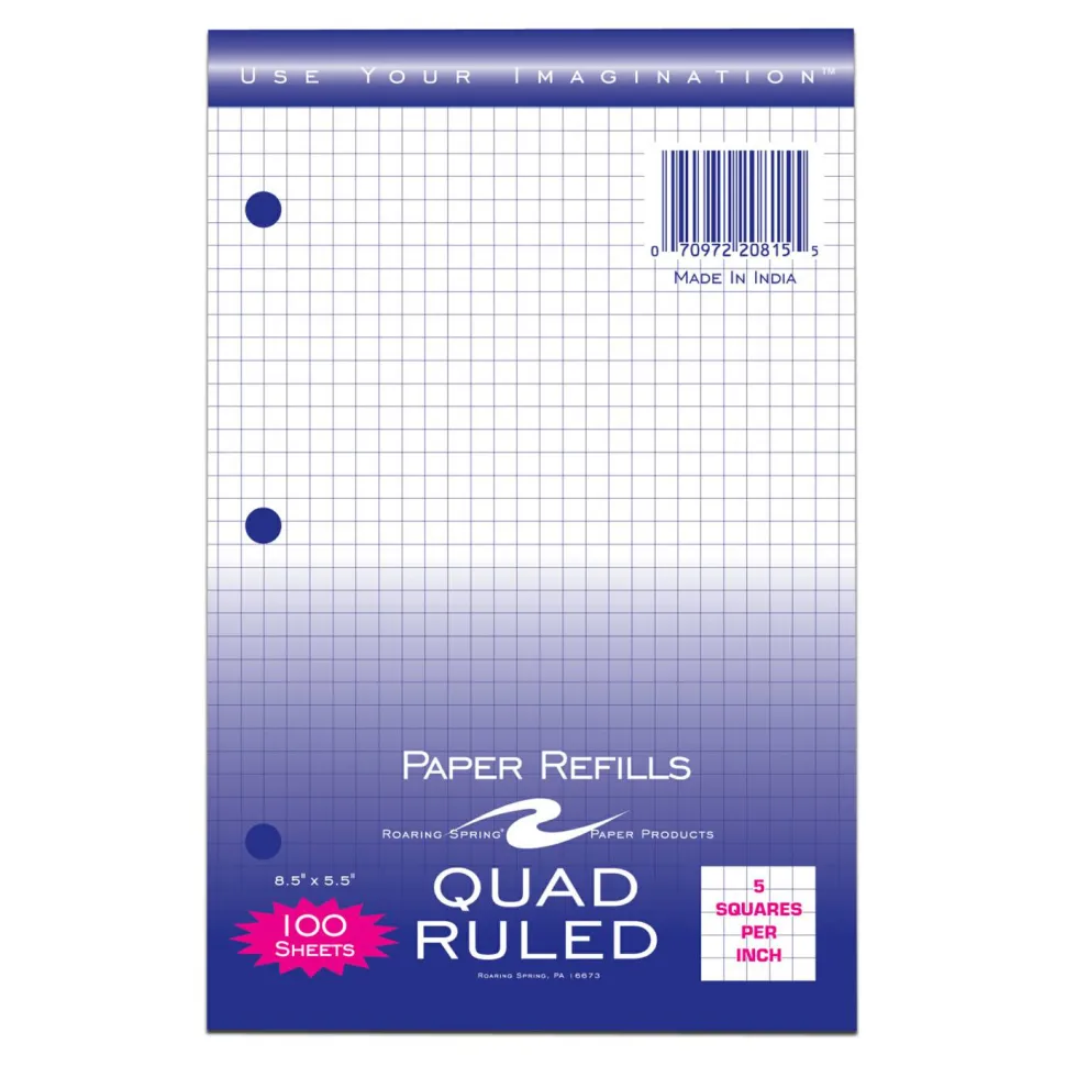 Roaring Spring Graph Filler Paper, 3-Hole, Quadrille: 5 sq in, (100) 8.5 x 5.5 Sheets, 48/Carton
