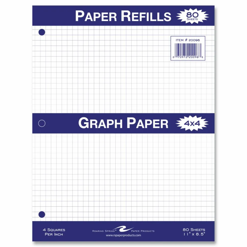 Roaring Spring Graph Filler Paper, 3-Hole, 8.5 x 11, Quadrille: 4 sq/in, 80 Sheets/Pack, 24 Packs/Carton