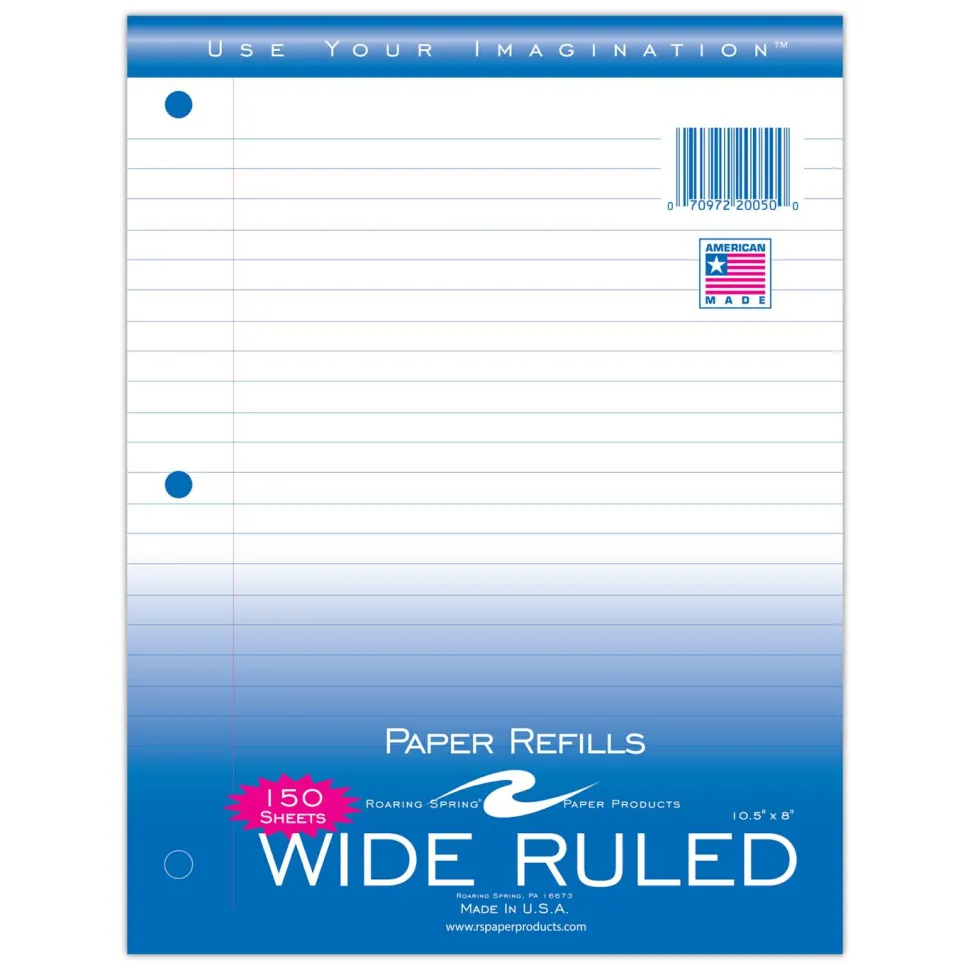 Roaring Spring Loose Leaf Paper, 8 x 10.5, 3-Hole Punched, Wide Rule, White, 150 Sheets/Pack, 24 Packs/Carton