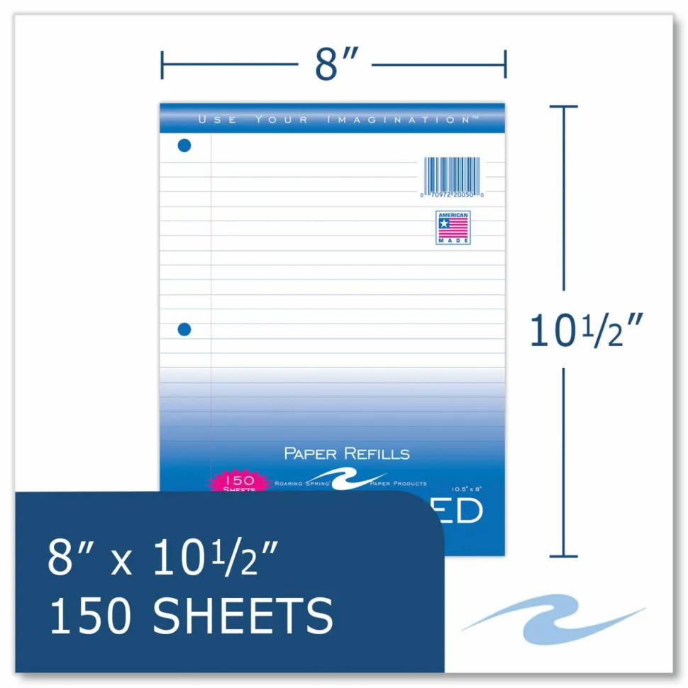 Roaring Spring Loose Leaf Paper, 8 x 10.5, 3-Hole Punched, Wide Rule, White, 150 Sheets/Pack, 24 Packs/Carton
