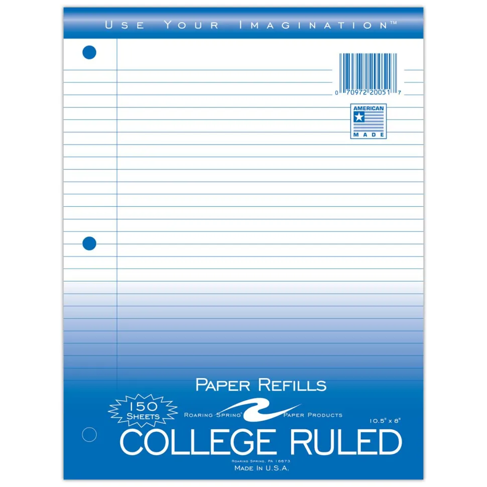 Roaring Spring Loose Leaf Paper, 8 x 10.5, 3-Hole Punched, College Rule, White, 150 Sheets/Pack, 24 Packs/Carton