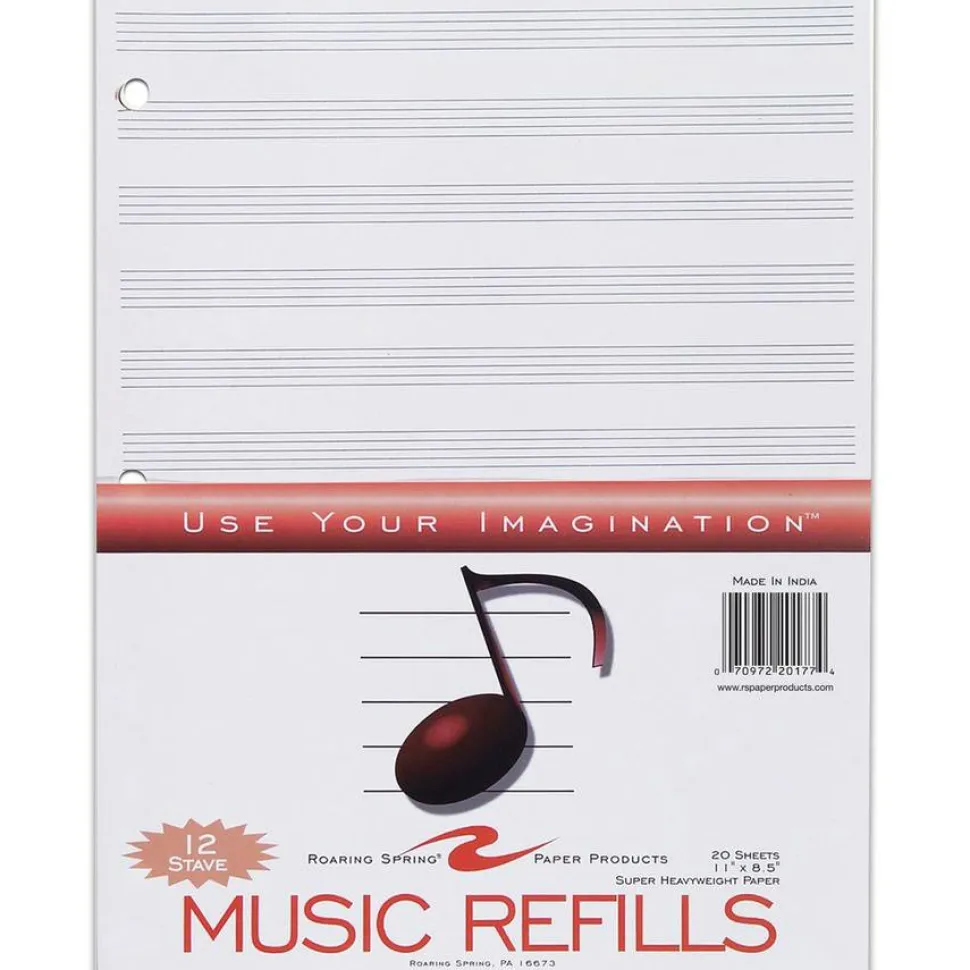 Roaring Spring Music Filler Paper, 3-Hole Punched, 8.5 x 11, Music Transcription Format, 20 Sheets/Pack, 24 Packs/Carton