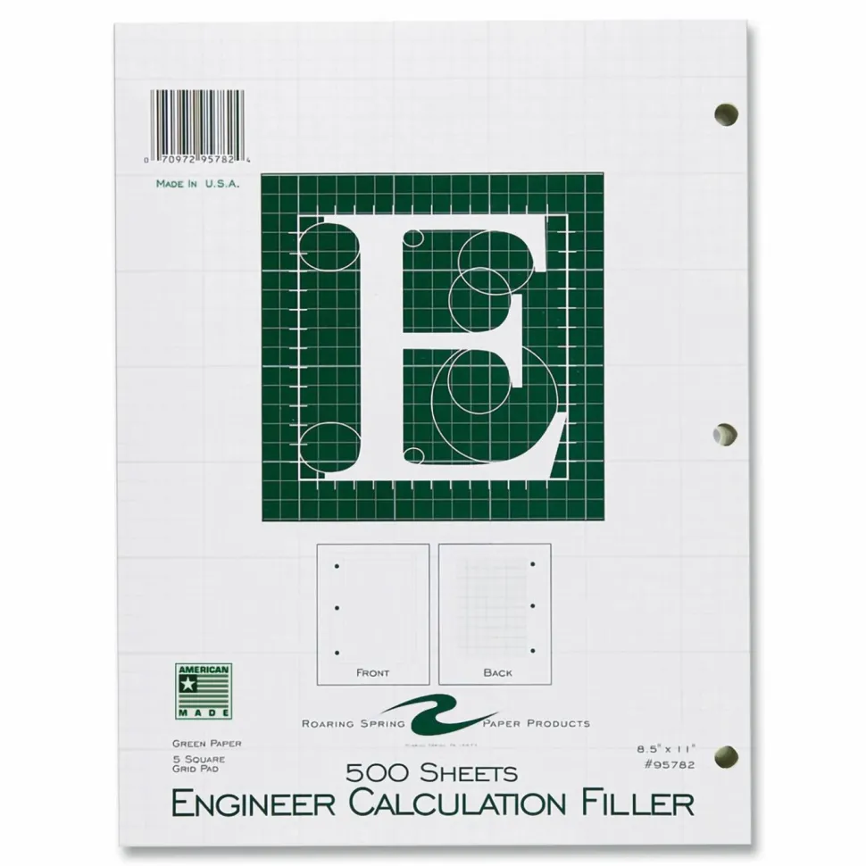 Roaring Spring Engineer Filler Paper, 3-Hole, Frame Format/Quad Rule (5 sq/in, 1 sq/in) 500 Sheets/Pack, 5/Carton