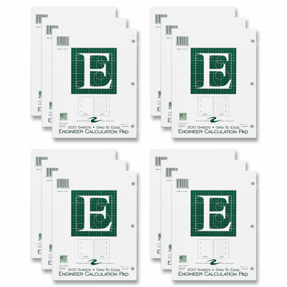 Roaring Spring Engineer Pad, Data Format (1.25" Margin) and Quadrille Rule (5 sq/in, 1 sq/in), (200) Light Green 8.5 x 11 Sheets, 12/Carton
