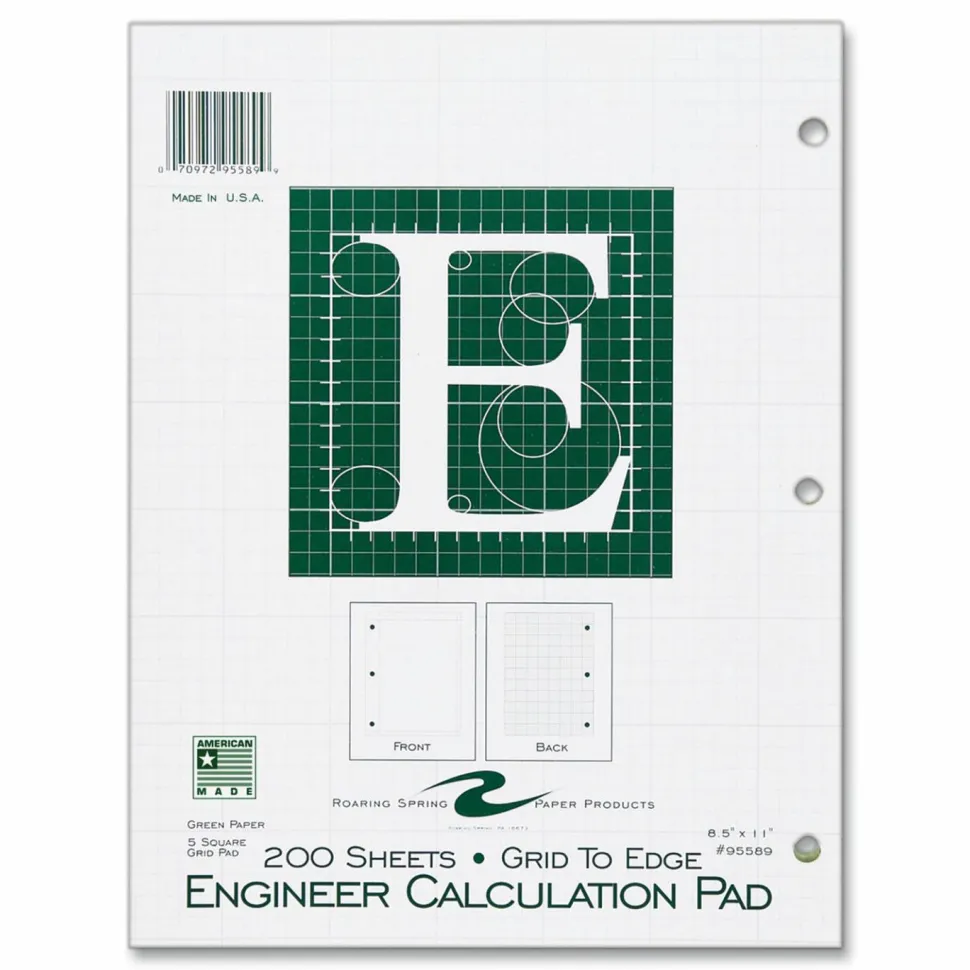 Roaring Spring Engineer Pad, Data Format (1.25" Margin) and Quadrille Rule (5 sq/in, 1 sq/in), (200) Light Green 8.5 x 11 Sheets, 12/Carton