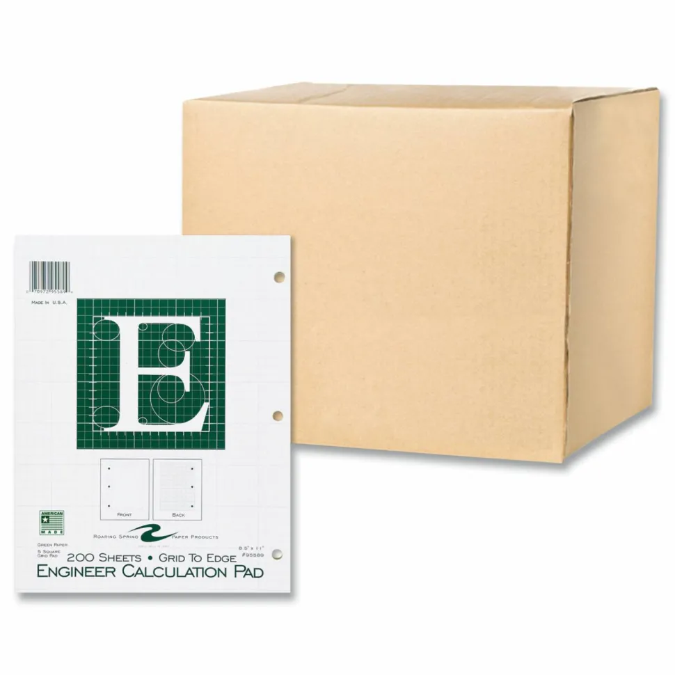 Roaring Spring Engineer Pad, Data Format (1.25" Margin) and Quadrille Rule (5 sq/in, 1 sq/in), (200) Light Green 8.5 x 11 Sheets, 12/Carton