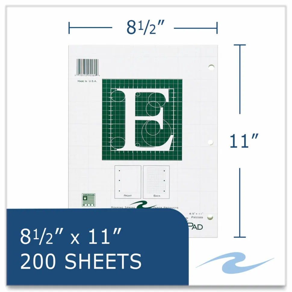 Roaring Spring Engineer Pad, Data Format (1.25" Margin) and Quadrille Rule (5 sq/in, 1 sq/in), (200) Light Green 8.5 x 11 Sheets, 12/Carton