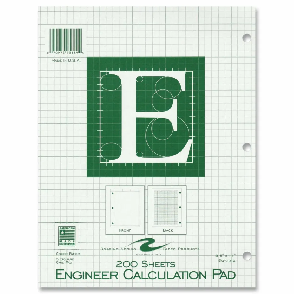 Roaring Spring Engineer Pad, Data Format (0.5" Margin) and Quadrille Rule (5 sq/in, 1 sq/in), (200) Light Green 8.5 x 11 Sheets, 12/Carton
