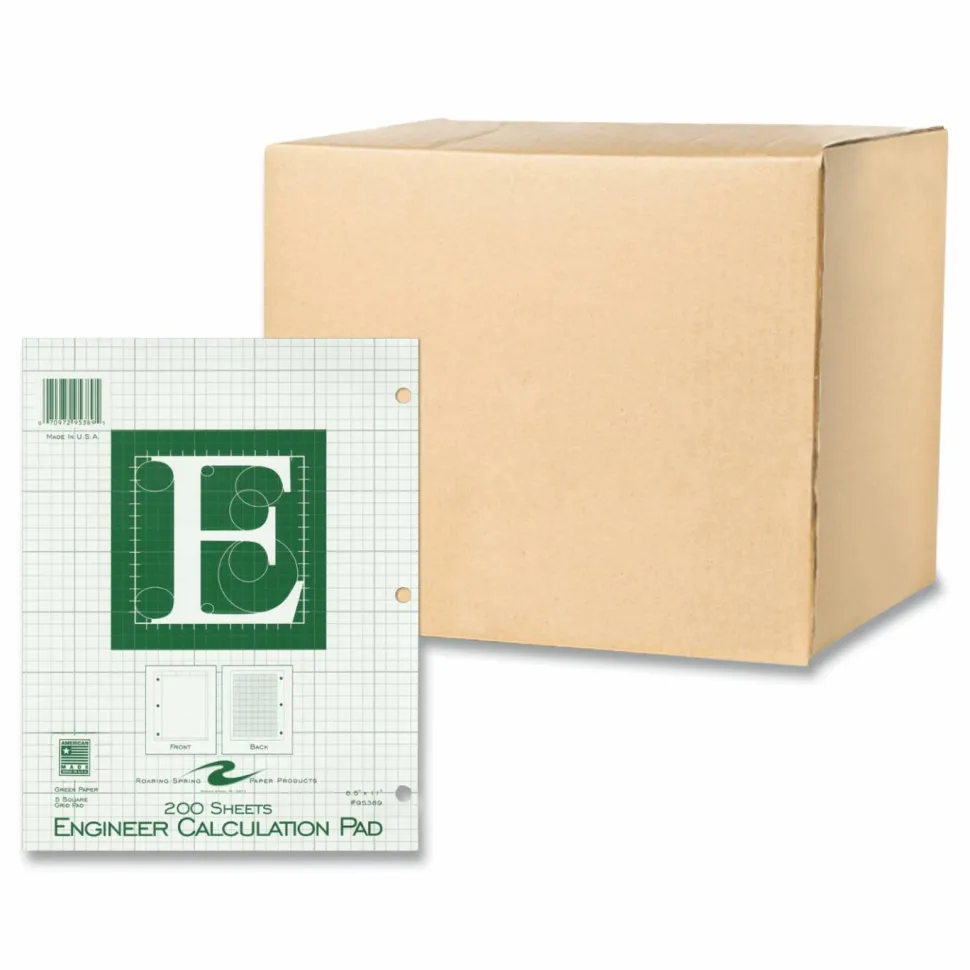 Roaring Spring Engineer Pad, Data Format (0.5" Margin) and Quadrille Rule (5 sq/in, 1 sq/in), (200) Light Green 8.5 x 11 Sheets, 12/Carton