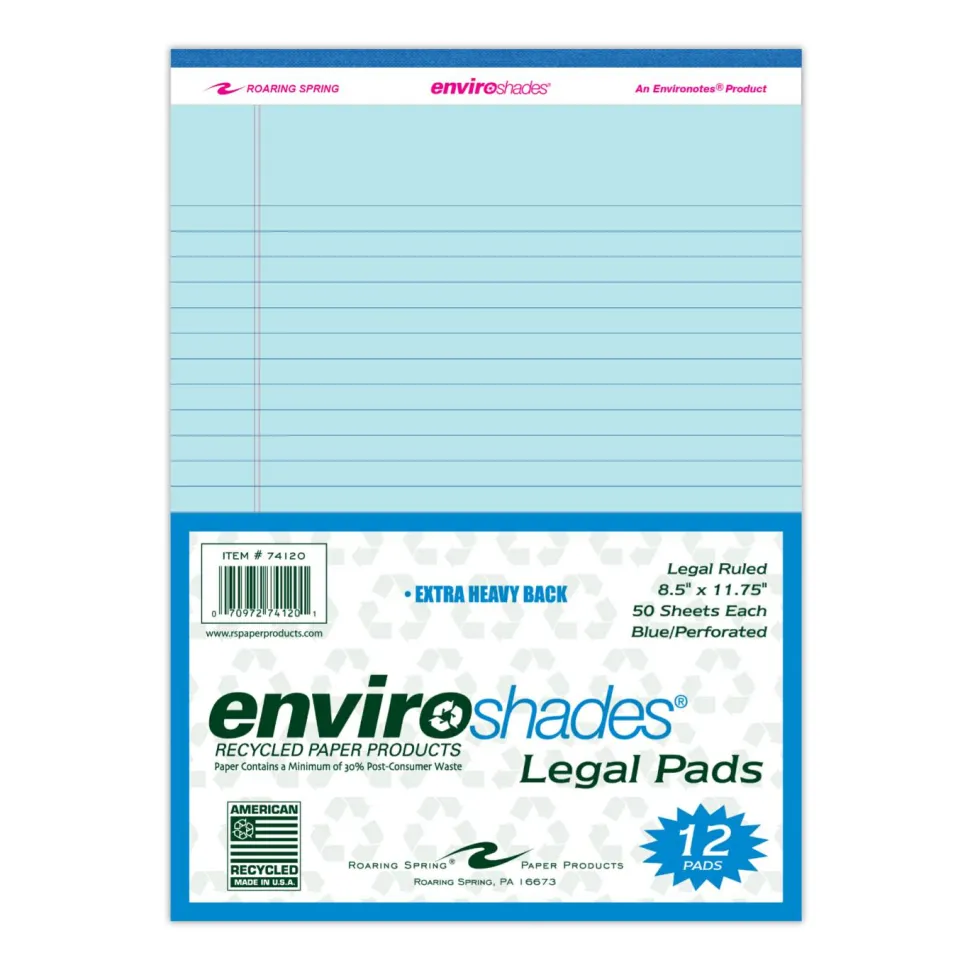 Roaring Spring EnviroShades Legal Notepads, Wide/Legal Rule, (50) Blue 8.5 x 11 Sheets, 36/Carton