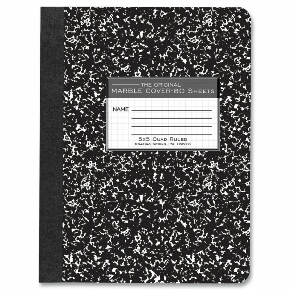 Roaring Spring Hardcover Marble Composition Book, Quadrille Rule (5 sq/in), Black Marble Cover, (80) 9.75 x 7.5 Sheets, 48/Carton