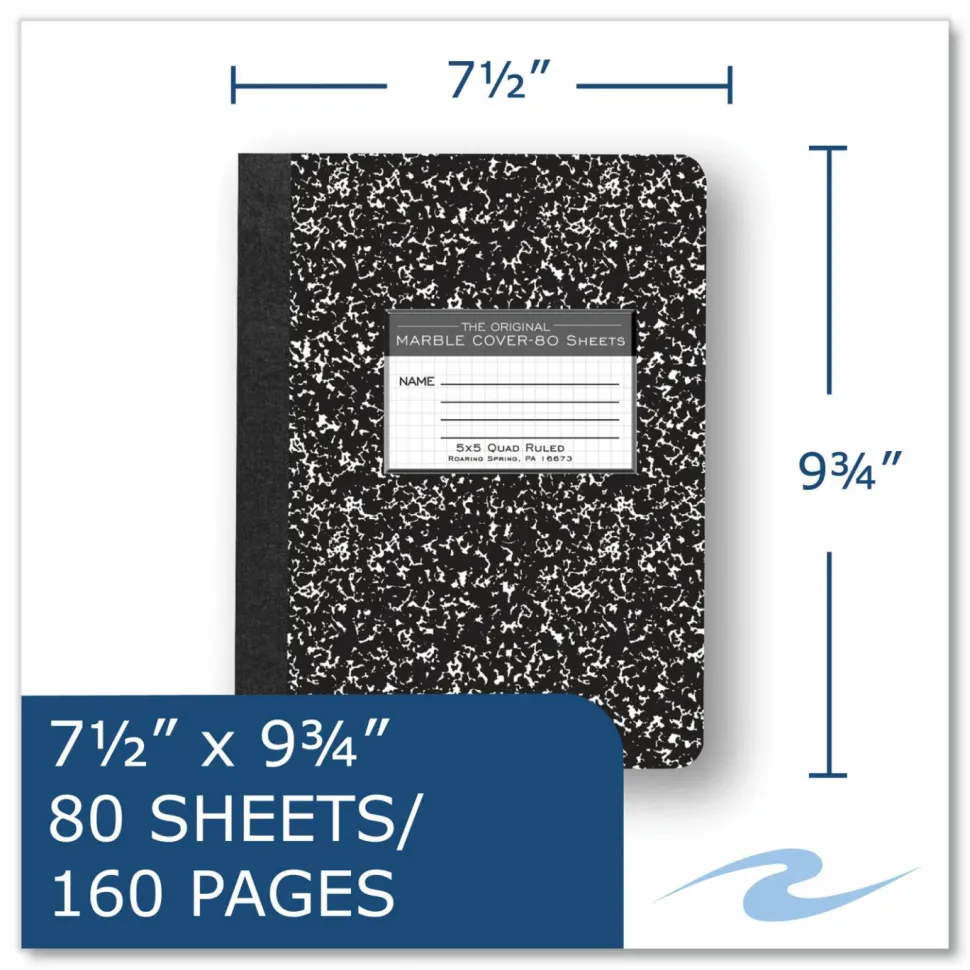 Roaring Spring Hardcover Marble Composition Book, Quadrille Rule (5 sq/in), Black Marble Cover, (80) 9.75 x 7.5 Sheets, 48/Carton