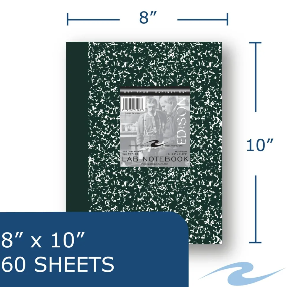 Roaring Spring Lab and Science Marble Notebook, Quadrille Rule (5 sq/in), Green Marble Cover, (60) 10.13 x 7.88 Sheets, 24/Carton
