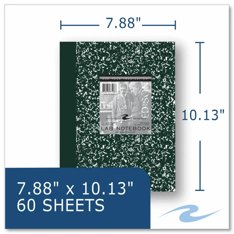 Roaring Spring Lab and Science Marble Notebook, Quadrille Rule (5 sq/in), Green Marble Cover, (60) 10.13 x 7.88 Sheets, 24/Carton