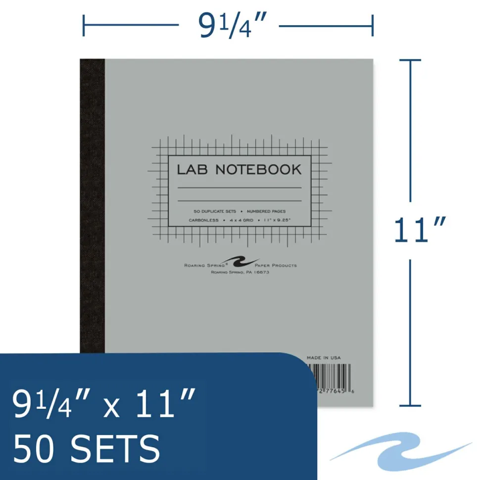 Roaring Spring Lab and Science Two-Part Carbonless Notebook, Quadrille Rule (4 sq/in), Gray Cover, (50) 11 x 9.25 Sheets, 12/Carton