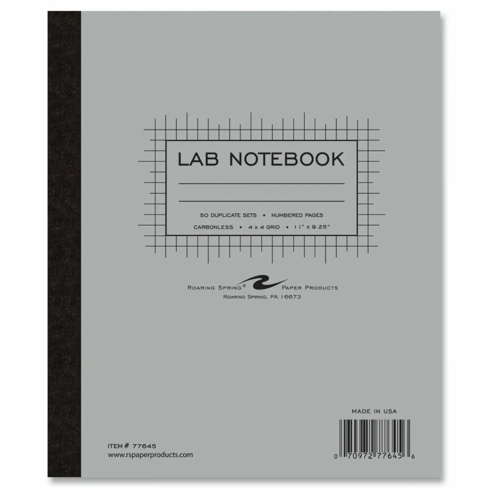 Roaring Spring Lab and Science Two-Part Carbonless Notebook, Quadrille Rule (4 sq/in), Gray Cover, (50) 11 x 9.25 Sheets, 12/Carton