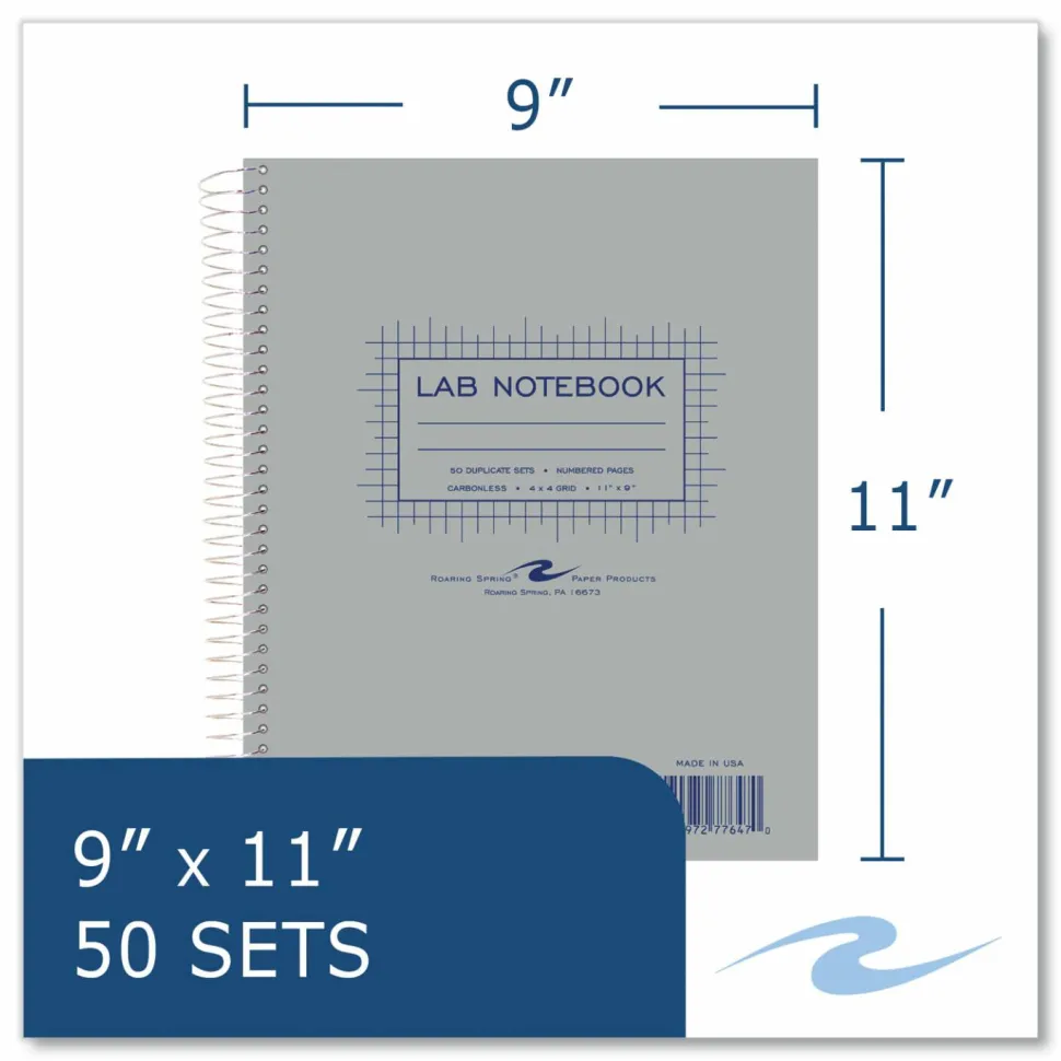 Roaring Spring Lab and Science Two-Part Carbonless Notebook, Quadrille Rule (4 sq/in), Gray Cover, (50) 11 x 9 Sheets, 12/Carton