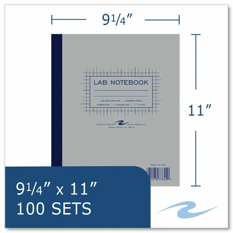 Roaring Spring Lab and Science Two-Part Carbonless Notebook, Quadrille Rule (4 sq/in), Gray Cover, (100) 11 x 9.25 Sheets, 5/Carton
