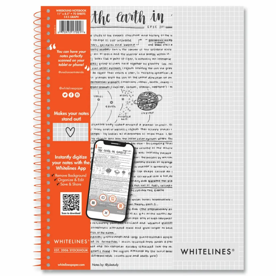 Roaring Spring Whitelines Notebook, Quadrille Rule (5 sq/in), Gray/Orange Cover, (70) 11 x 8.5 Sheets, 12/Carton