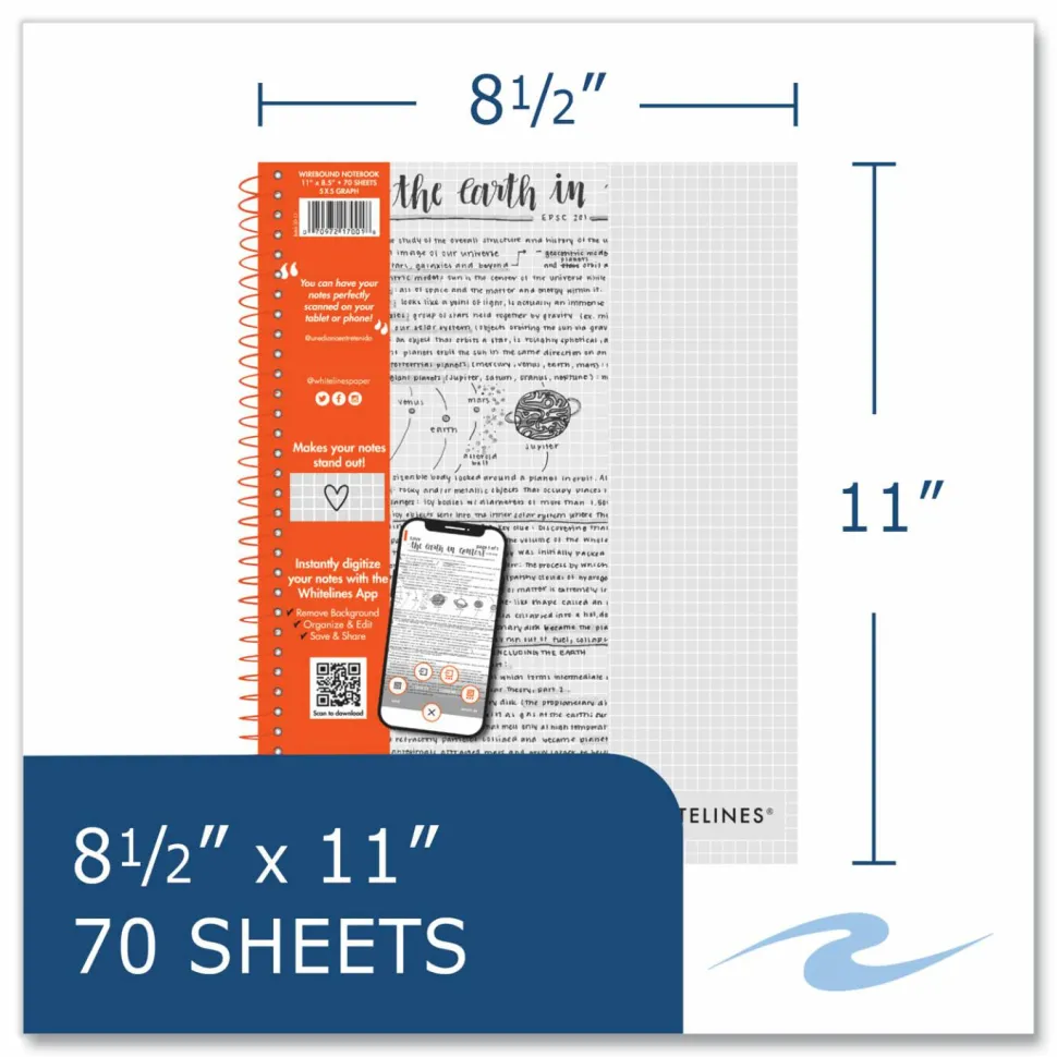 Roaring Spring Whitelines Notebook, Quadrille Rule (5 sq/in), Gray/Orange Cover, (70) 11 x 8.5 Sheets, 12/Carton