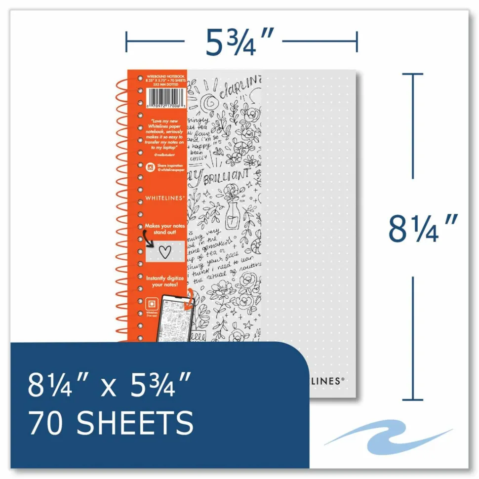 Roaring Spring Whitelines Notebook, Dotted Rule (5 mm), Gray/Orange Cover, (70) 8.25 x 5.75 Sheets, 12/Carton