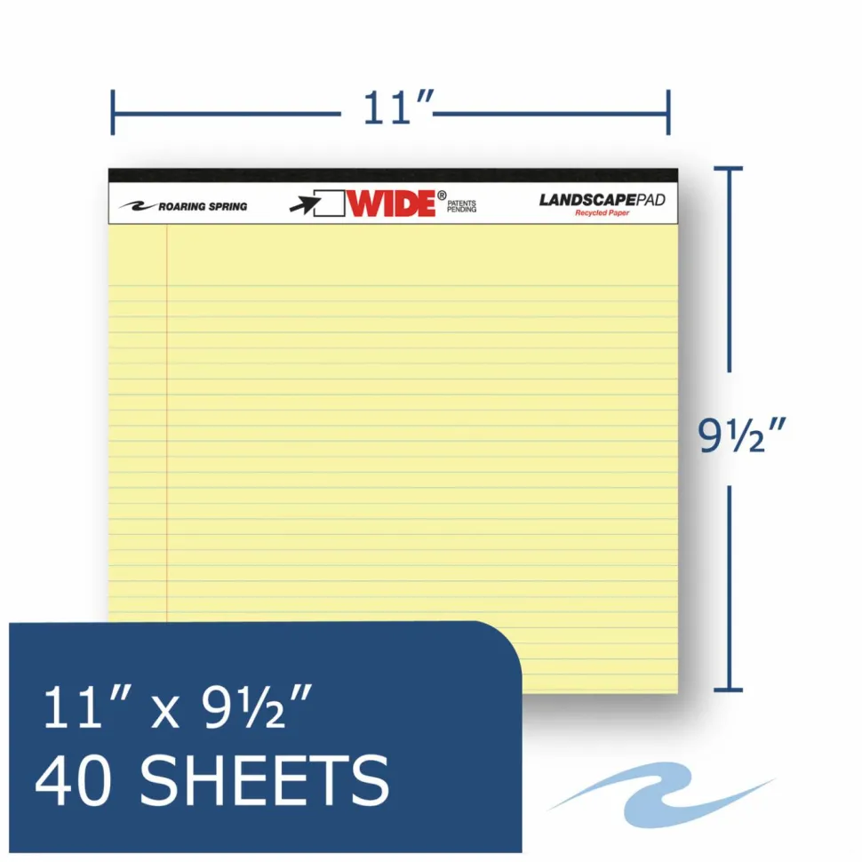 Roaring Spring Wide College Ruled Landscape Legal Pad, 11"x9.5" 40 Sheets, Canary - 40 Sheets - 80 Pages - 74501