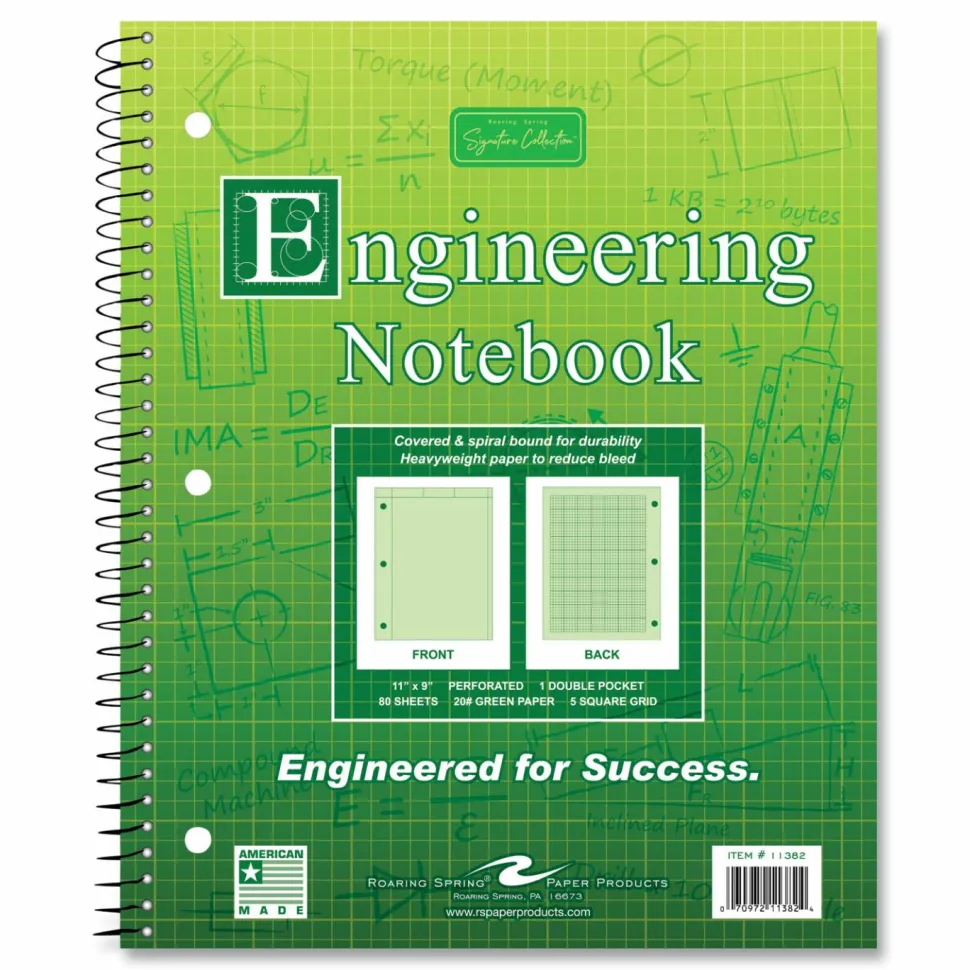Roaring Spring Wirebound Engineering Notebook, 20 lb Bond Paper Stock, Green Cover, (80) 11 x 8.5 Sheets, 24/Carton