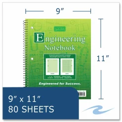 Roaring Spring Wirebound Engineering Notebook, 20 lb Bond Paper Stock, Green Cover, (80) 11 x 8.5 Sheets, 24/Carton