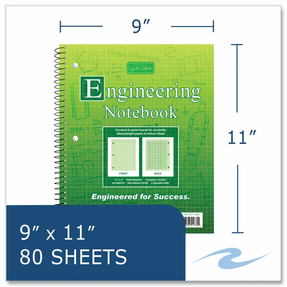 Roaring Spring Wirebound Engineering Notebook, 20 lb Bond Paper Stock, Green Cover, (80) 11 x 8.5 Sheets, 24/Carton