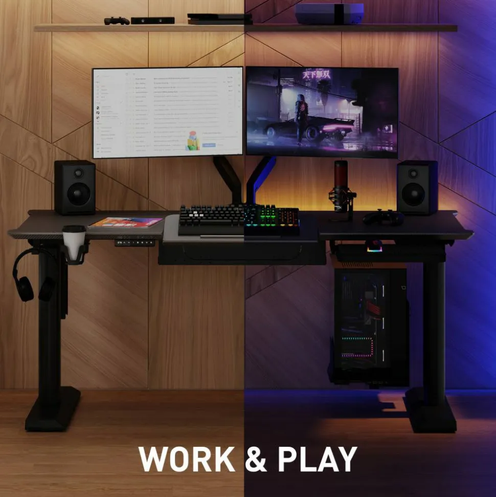 RS Gaming Chronos 66”W Height-Adjustable Gaming Desk with Integrated Power and Charging, Black, BIFMA Compliant