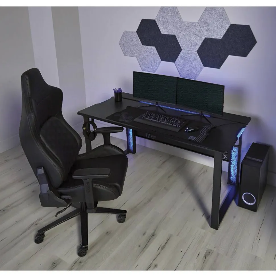 RS Gaming Mergence 60"W RGB Gaming Computer Desk With 10 Acoustic Panels, Black