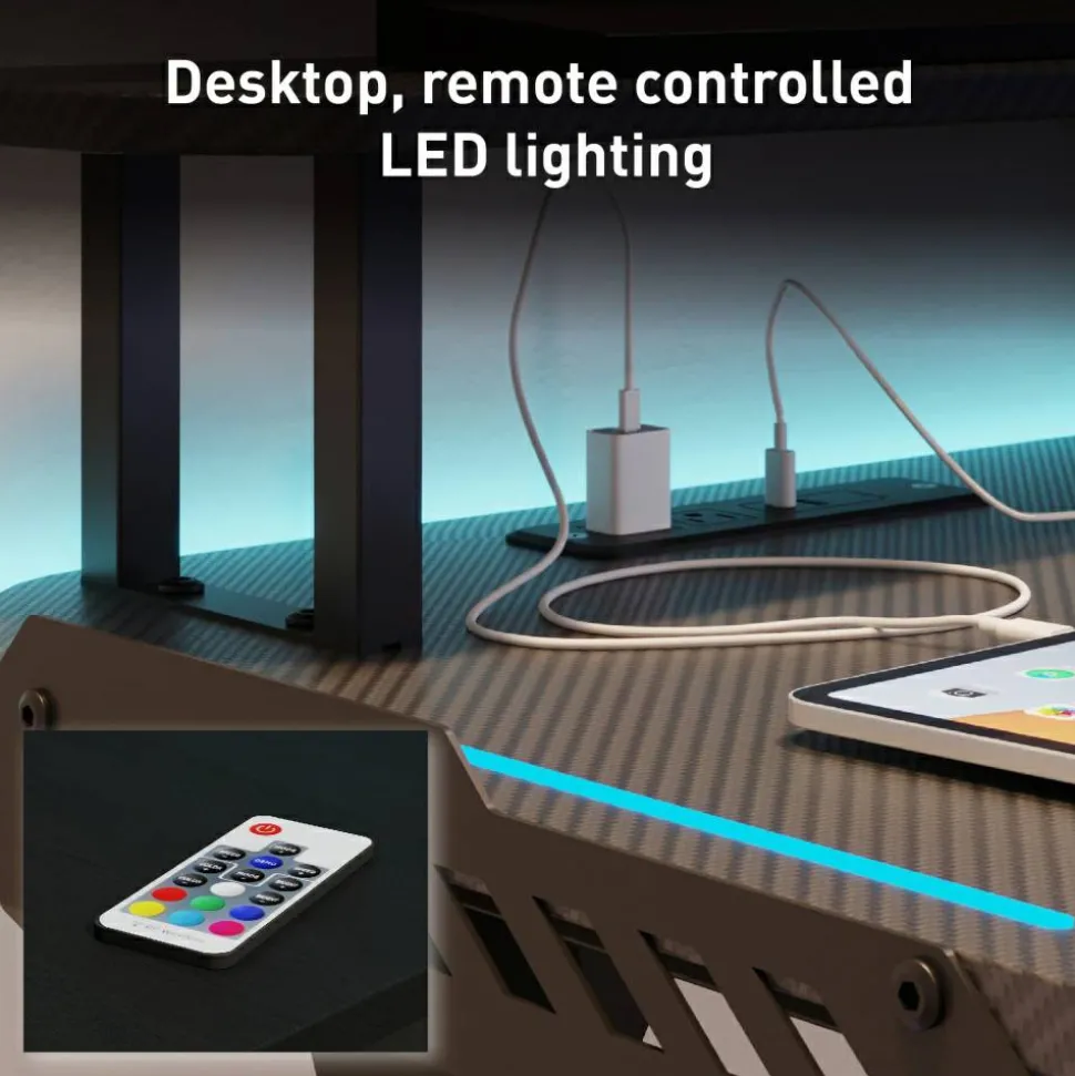 RS Gaming Venno 2.0 RGB Gaming Computer Desk with Hutch & Integrated Power, Black, BIFMA Compliant