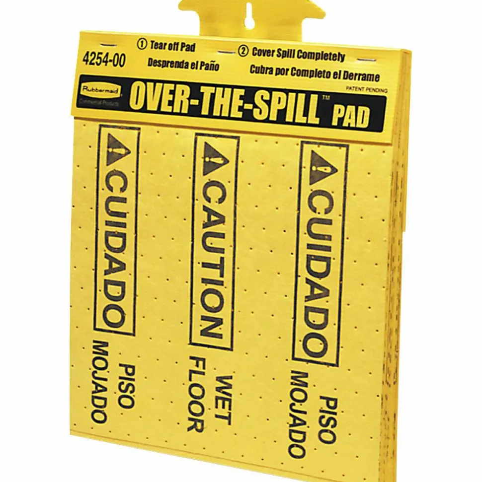Rubbermaid Commercial Bilingual Over-The-Spill Pads, "Caution Wet Floor" And "cuidado Piso Mojado", Yellow, 25 Sheets Per Pad, Box Of 300 - 4254CT