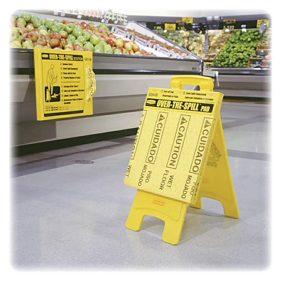 Rubbermaid Commercial Bilingual Over-The-Spill Pads, "Caution Wet Floor" And "cuidado Piso Mojado", Yellow, 25 Sheets Per Pad, Box Of 300 - 4254CT