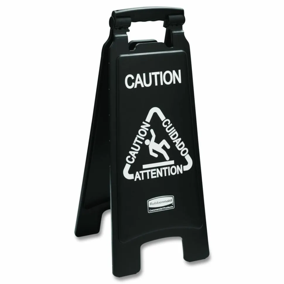 Rubbermaid Commercial Executive 2-Sided Multi-Lingual Caution Sign, Black/White, 10.9 x 26.1