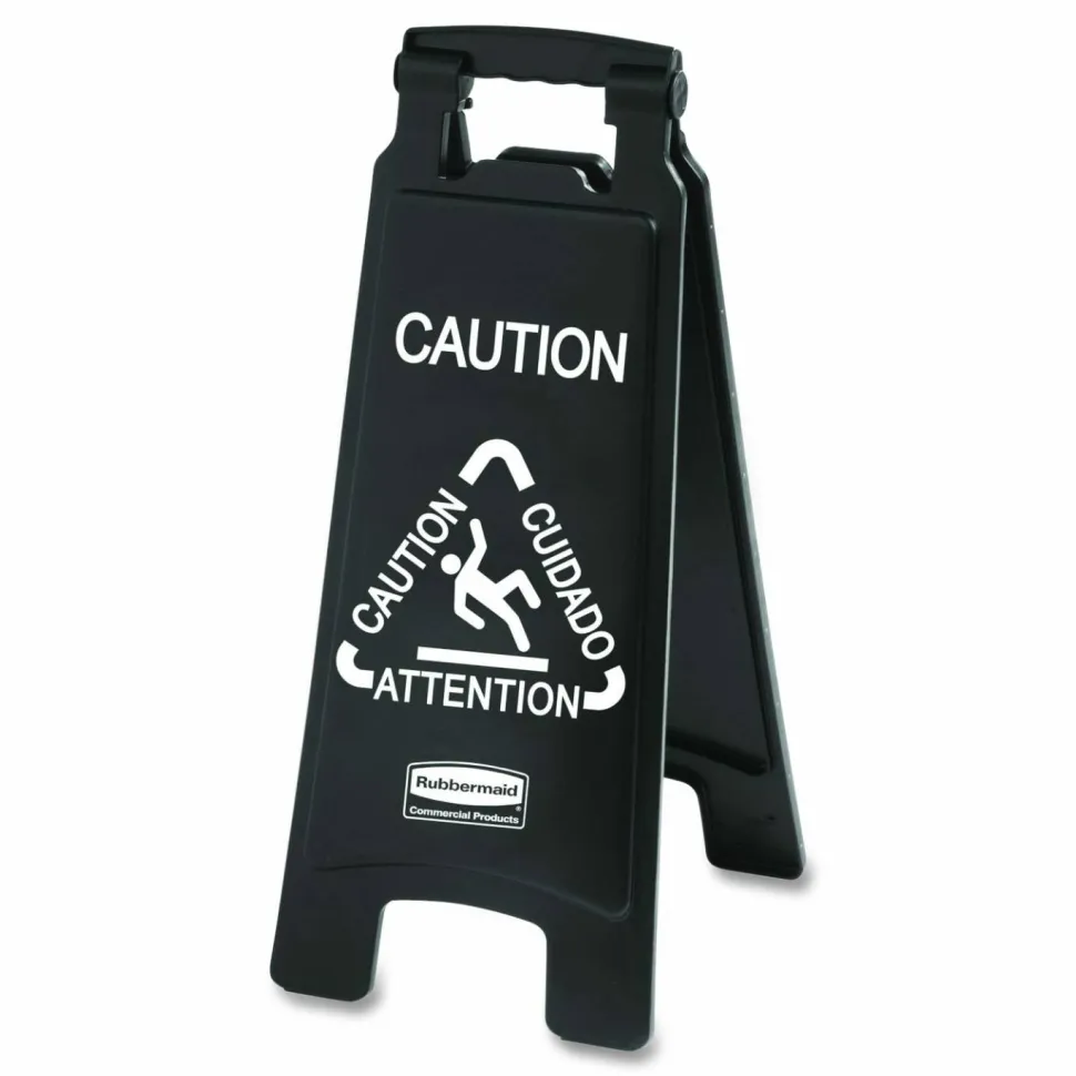 Rubbermaid Commercial Executive 2-Sided Multi-Lingual Caution Sign, Black/White, 10.9 x 26.1