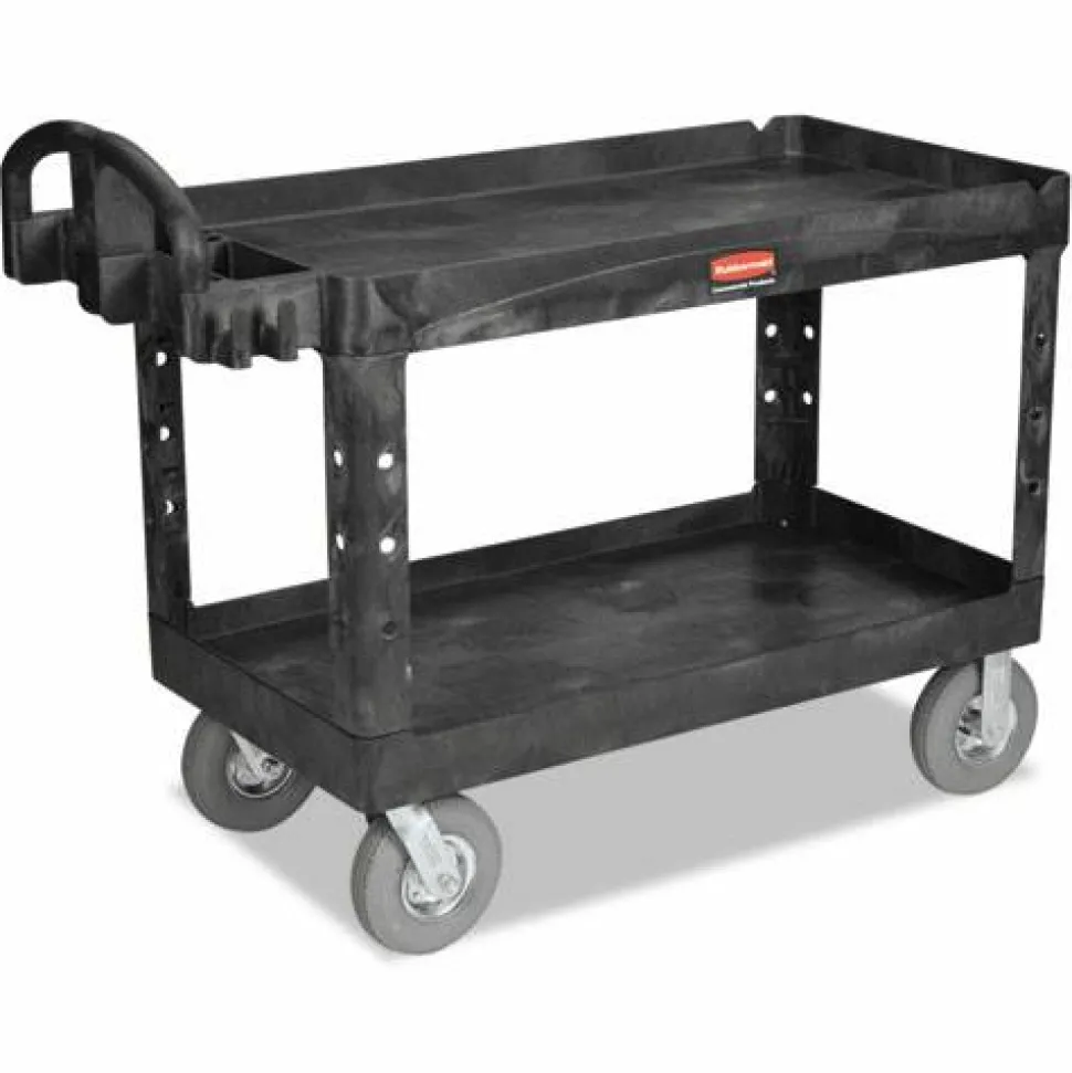 Rubbermaid Commercial BRUTE Heavy-Duty Utility Cart with Lipped Shelves, Plastic, 2 Shelves, 750 lb Capacity, 26" x 55" x 33.25", Black