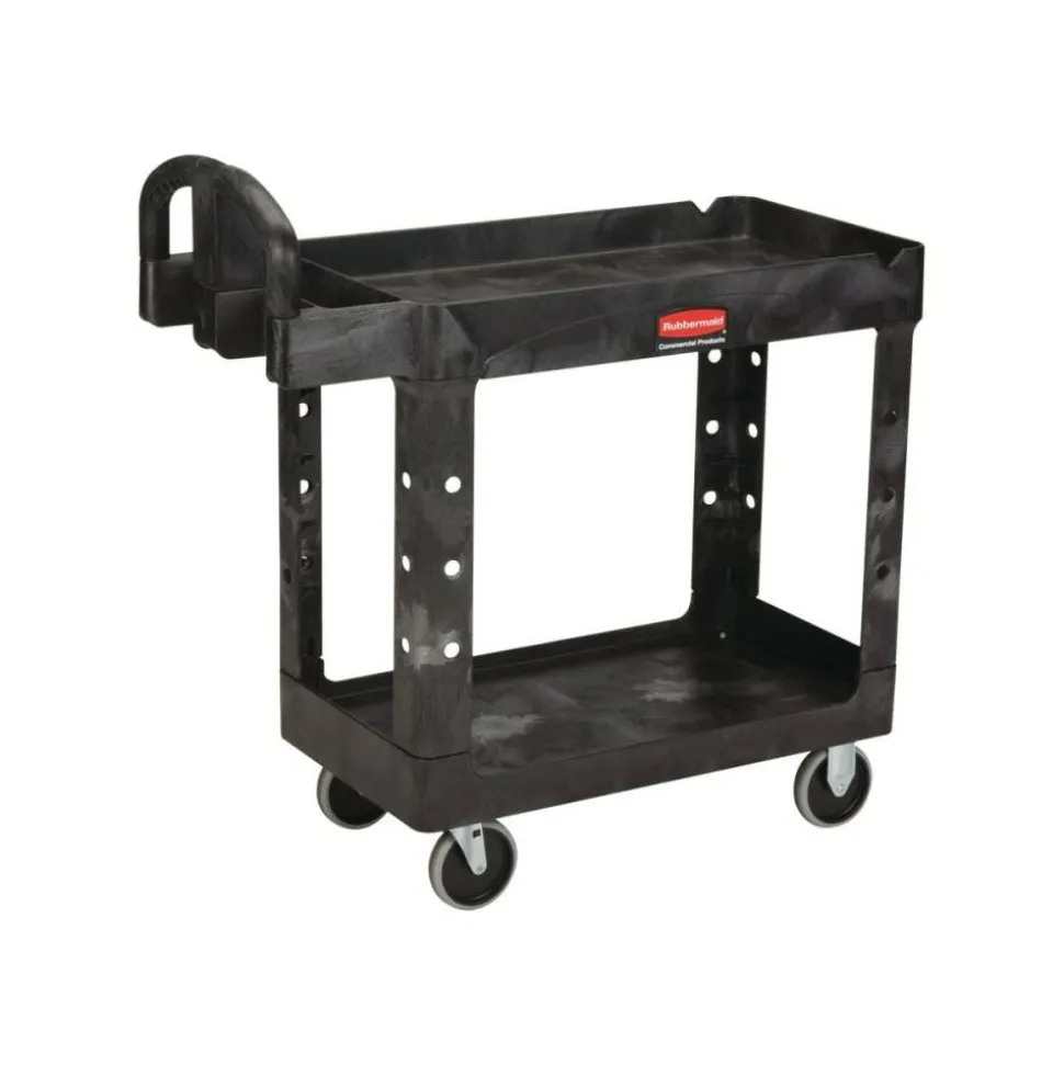 Rubbermaid Commercial BRUTE Heavy-Duty Utility Cart with Lipped Shelves, Plastic, 2 Shelves, 500 lb Capacity, 17.13" x 38.5" x 38.88", Black