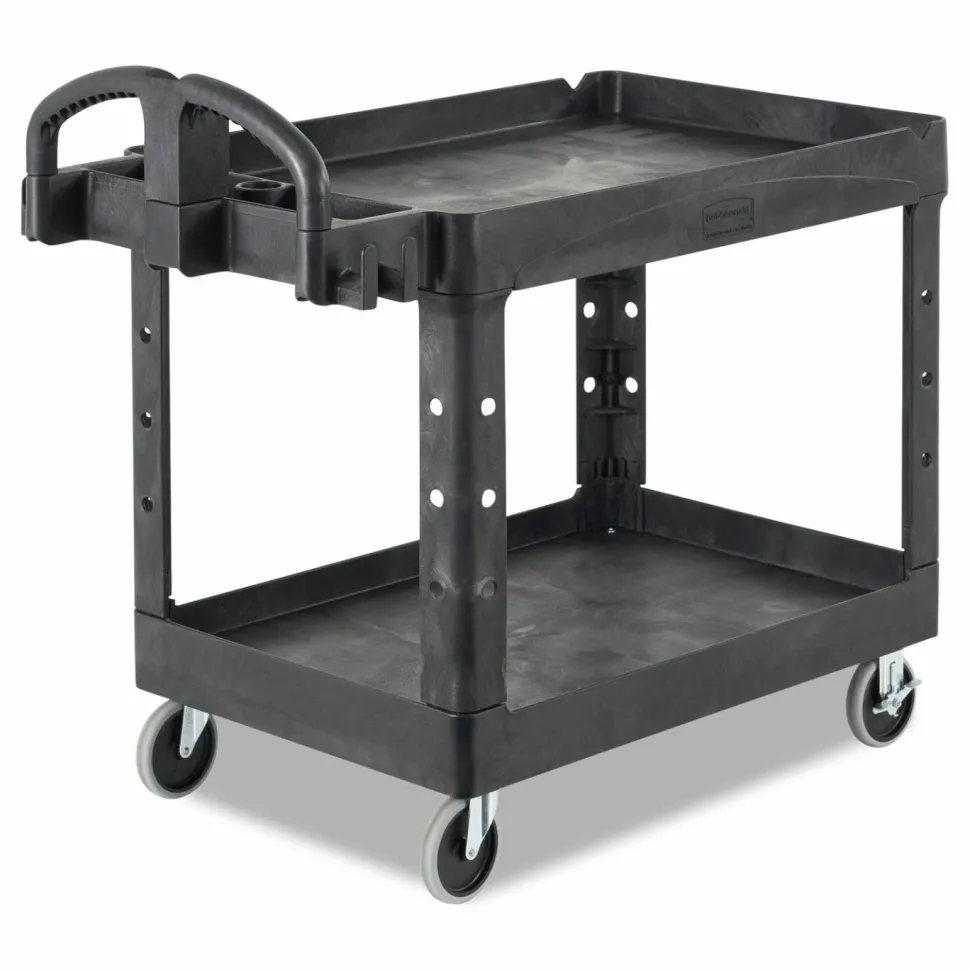 Rubbermaid Commercial BRUTE Heavy-Duty Utility Cart with Lipped Shelves, Plastic, 2 Shelves, 500 lb Capacity, 17.13" x 38.5" x 38.88", Black