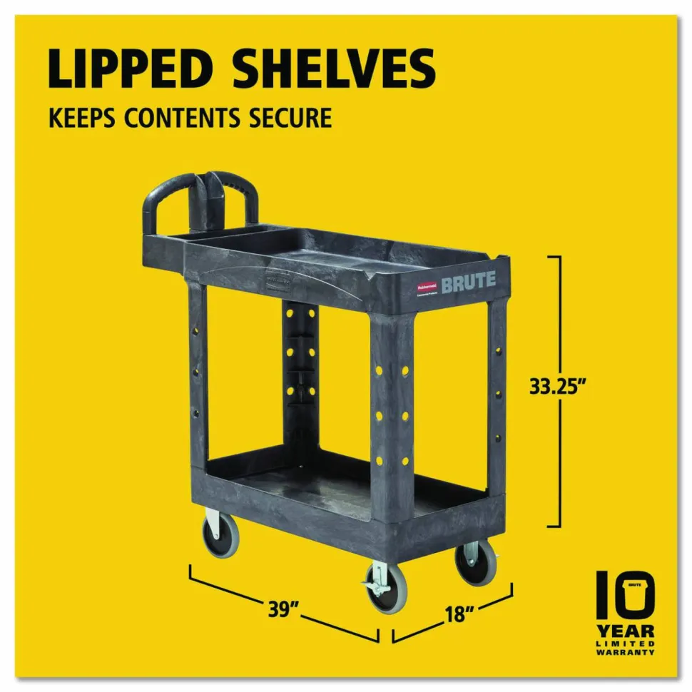 Rubbermaid Commercial BRUTE Heavy-Duty Utility Cart with Lipped Shelves, Plastic, 2 Shelves, 500 lb Capacity, 17.13" x 38.5" x 38.88", Black