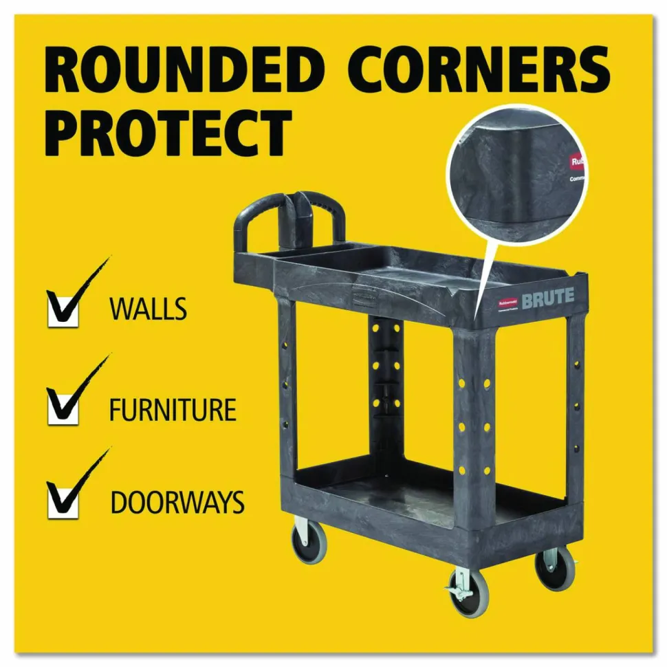 Rubbermaid Commercial BRUTE Heavy-Duty Utility Cart with Lipped Shelves, Plastic, 2 Shelves, 500 lb Capacity, 17.13" x 38.5" x 38.88", Black