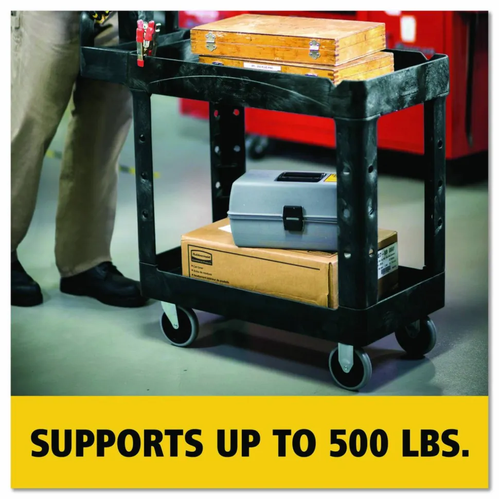 Rubbermaid Commercial BRUTE Heavy-Duty Utility Cart with Lipped Shelves, Plastic, 2 Shelves, 500 lb Capacity, 17.13" x 38.5" x 38.88", Black