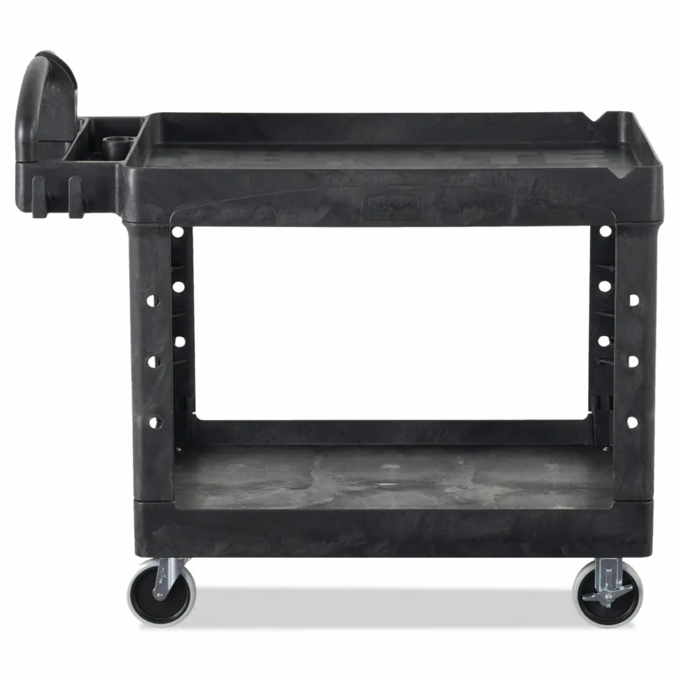 Rubbermaid Commercial BRUTE Heavy-Duty Utility Cart with Lipped Shelves, Plastic, 2 Shelves, 500 lb Capacity, 17.13" x 38.5" x 38.88", Black