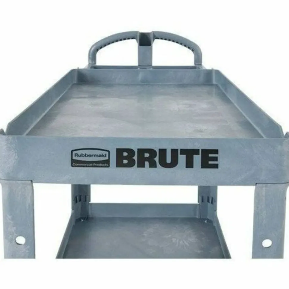 Rubbermaid Commercial BRUTE Heavy-Duty Ergo Handle Utility Cart, Plastic, Two Shelves, 500 lb Capacity, 25.5" x 44" x 39", Gray