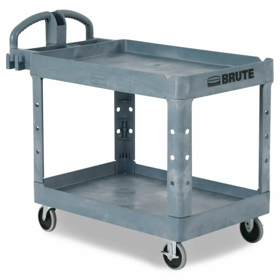 Rubbermaid Commercial BRUTE Heavy-Duty Ergo Handle Utility Cart, Plastic, Two Shelves, 500 lb Capacity, 25.5" x 44" x 39", Gray
