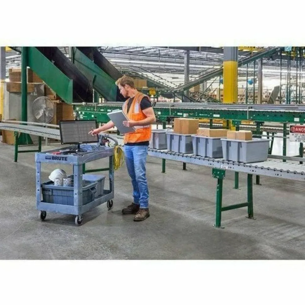 Rubbermaid Commercial BRUTE Heavy-Duty Ergo Handle Utility Cart, Plastic, Two Shelves, 500 lb Capacity, 25.5" x 44" x 39", Gray