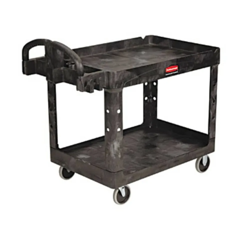 Rubbermaid Commercial BRUTE Heavy-Duty Utility Cart with Lipped Shelves, Plastic, 2 Shelves, 500 lb Capacity, 25.9" x 45.2" x 32.2", Black